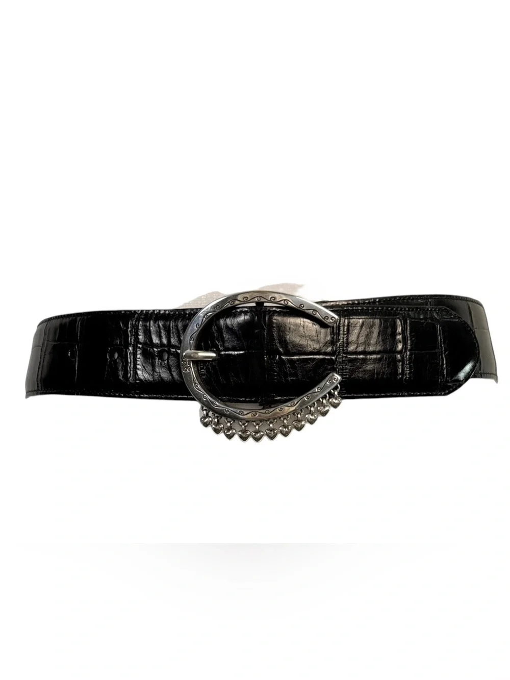 Brighton Black Croc Embossed Leather Belt Silver Heart Charm Buckle Size 30